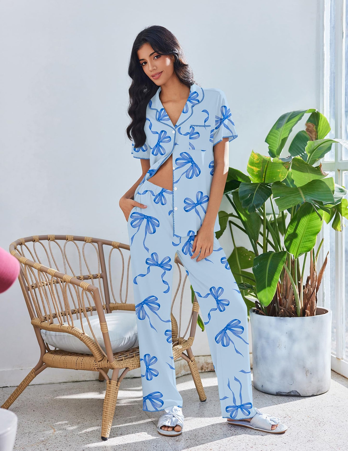 Ekouaer Pajamas for Women Set Button Up Soft Pjs Short Sleeve 2 Piece Lounge Sets Comfy Sleepwear