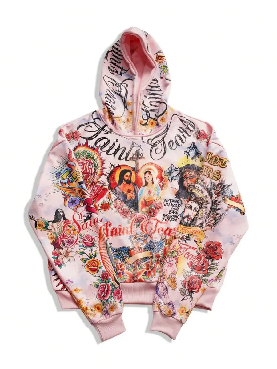 Men's Streetwear Graphic Print Hoodie with Religious Art Motif, Pink, Long Sleeve, Casual Fall Winter Top