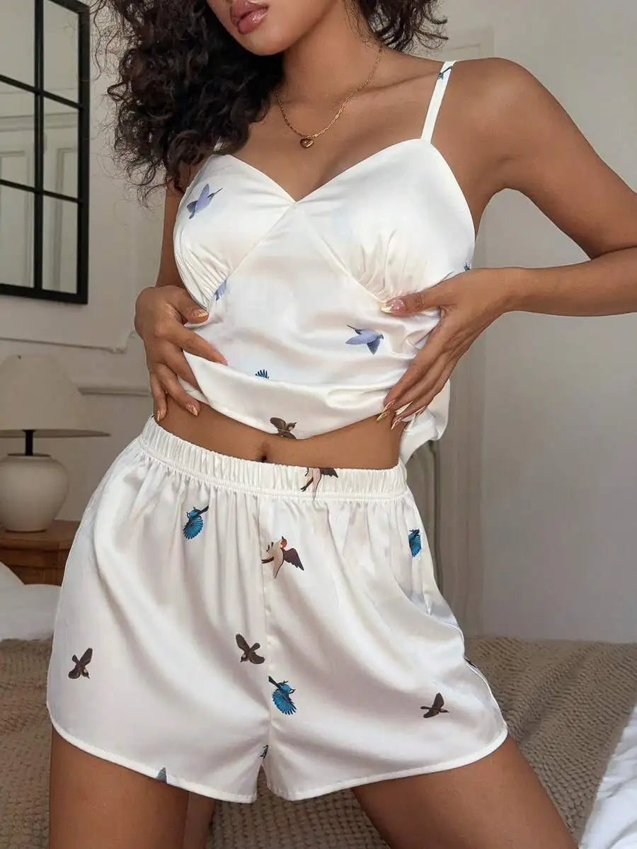 Womens Casual Bird Print Camisole And Shorts Pajama Set Summer