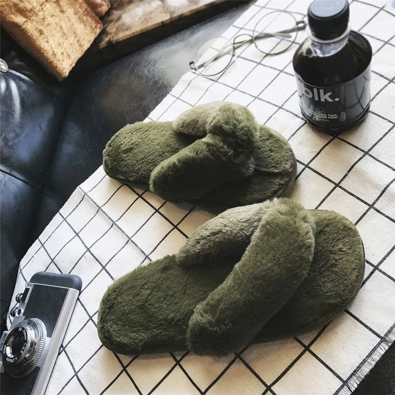 Cross Warm Fluffy Furry Slippers Women Lightweight Flat Heels Fur Slides Woman Autumn Winter Open Toe Non Slip Home Floor Shoes