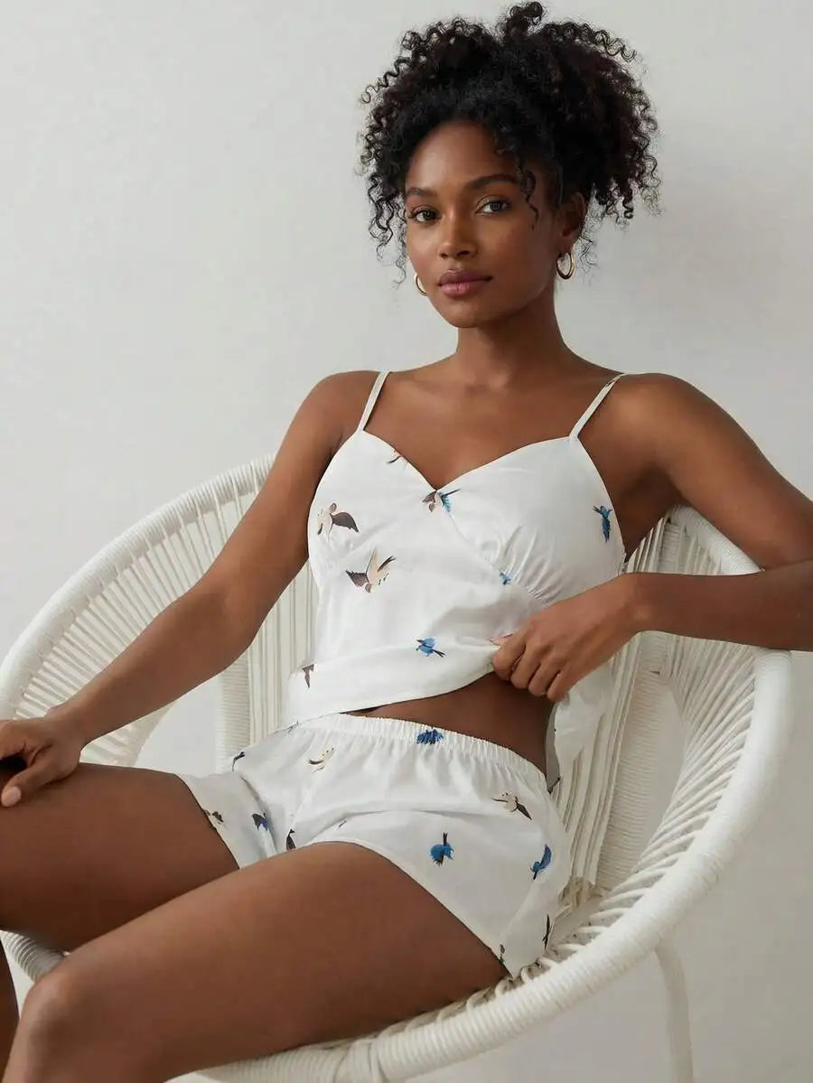 Womens Casual Bird Print Camisole And Shorts Pajama Set Summer