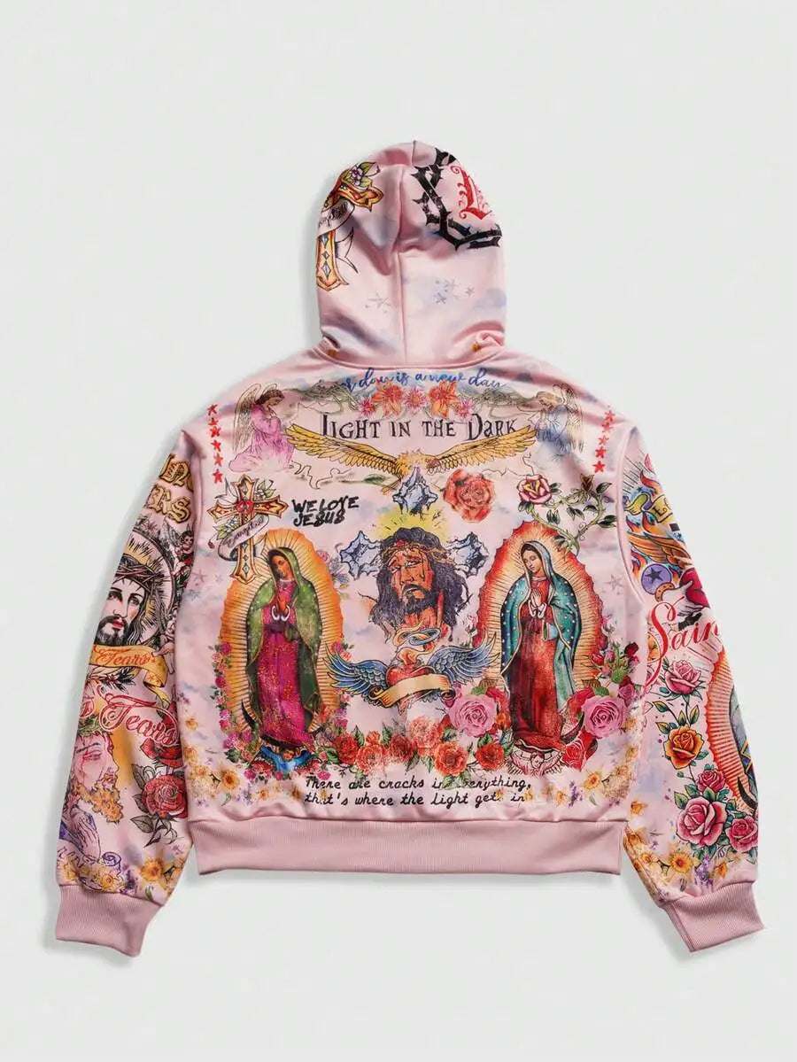 Men's Streetwear Graphic Print Hoodie with Religious Art Motif, Pink, Long Sleeve, Casual Fall Winter Top